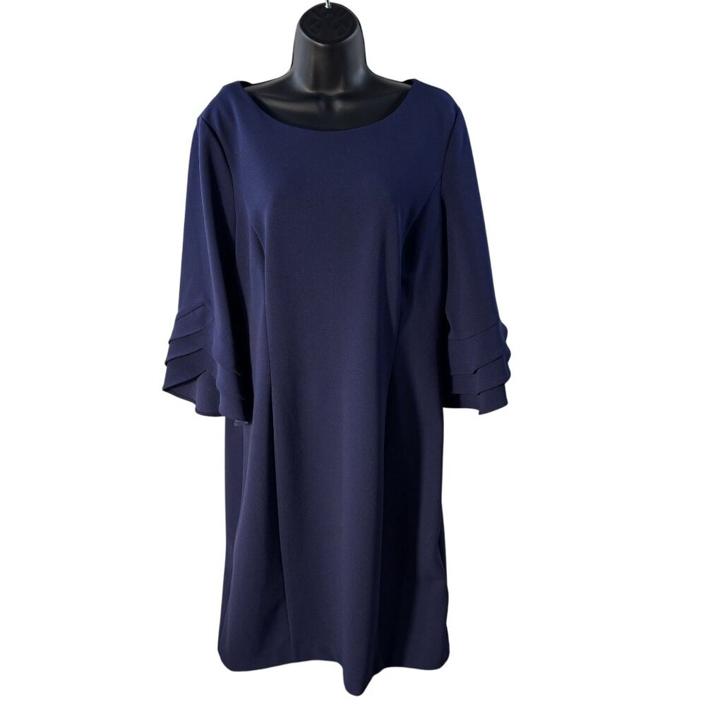 DKNY Navy Blue Bell Sleeve Sheath Dress With Tiered Ruffle Detail Zipper Closure